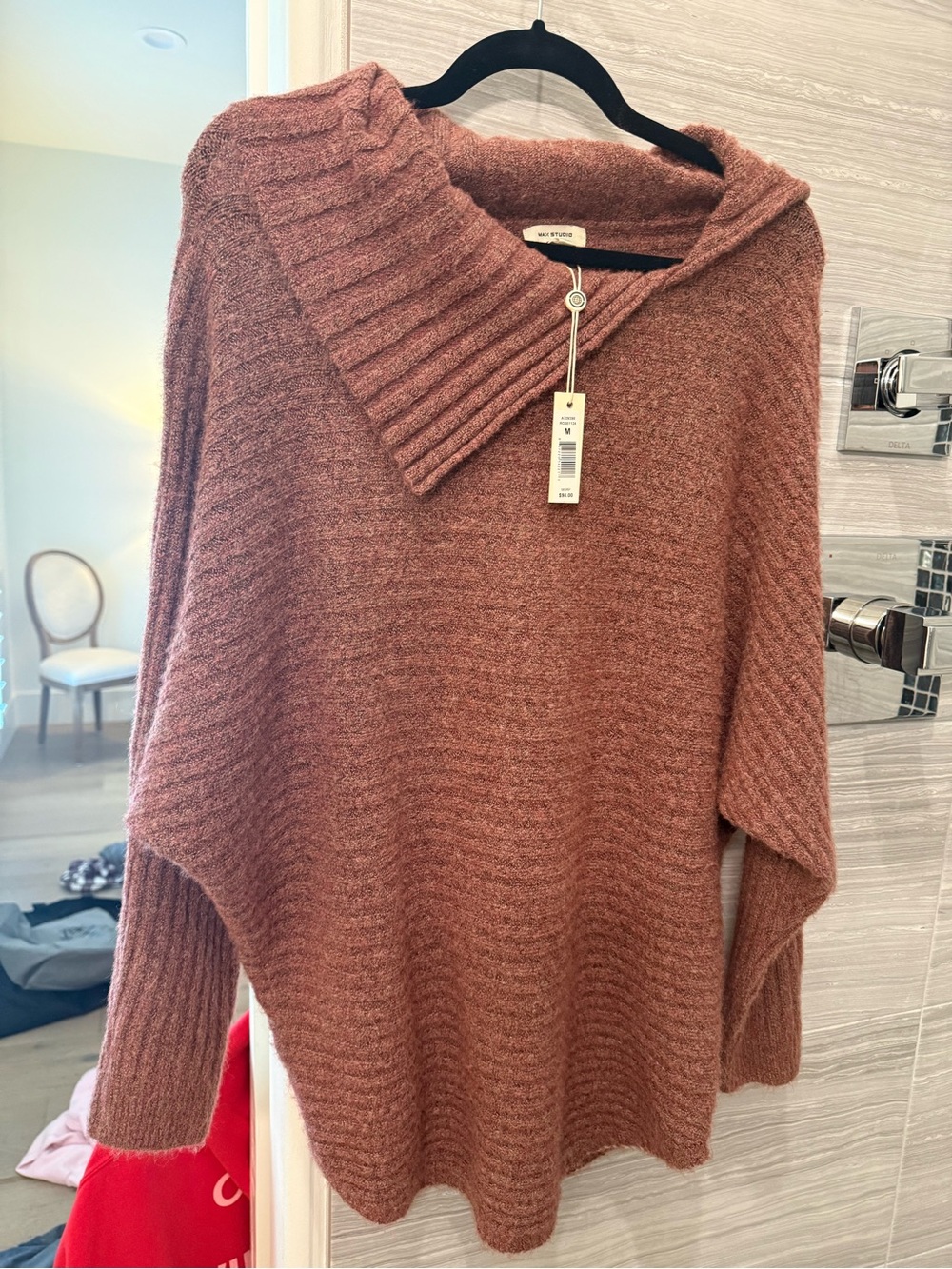 Max Studio Ribbed Off-the-Shoulder Sweater in Dusty Rose Brown